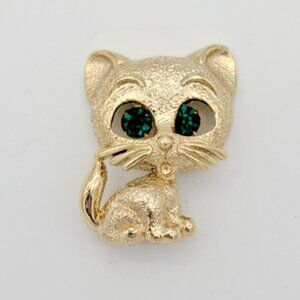 vintage gold tone kitty cat brooch pin dangle green eye rhinestones cute